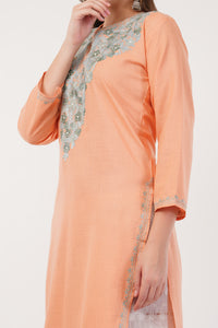 Kashmiri Aari embroidery Cotton Long Kurti Size-40(Peach)