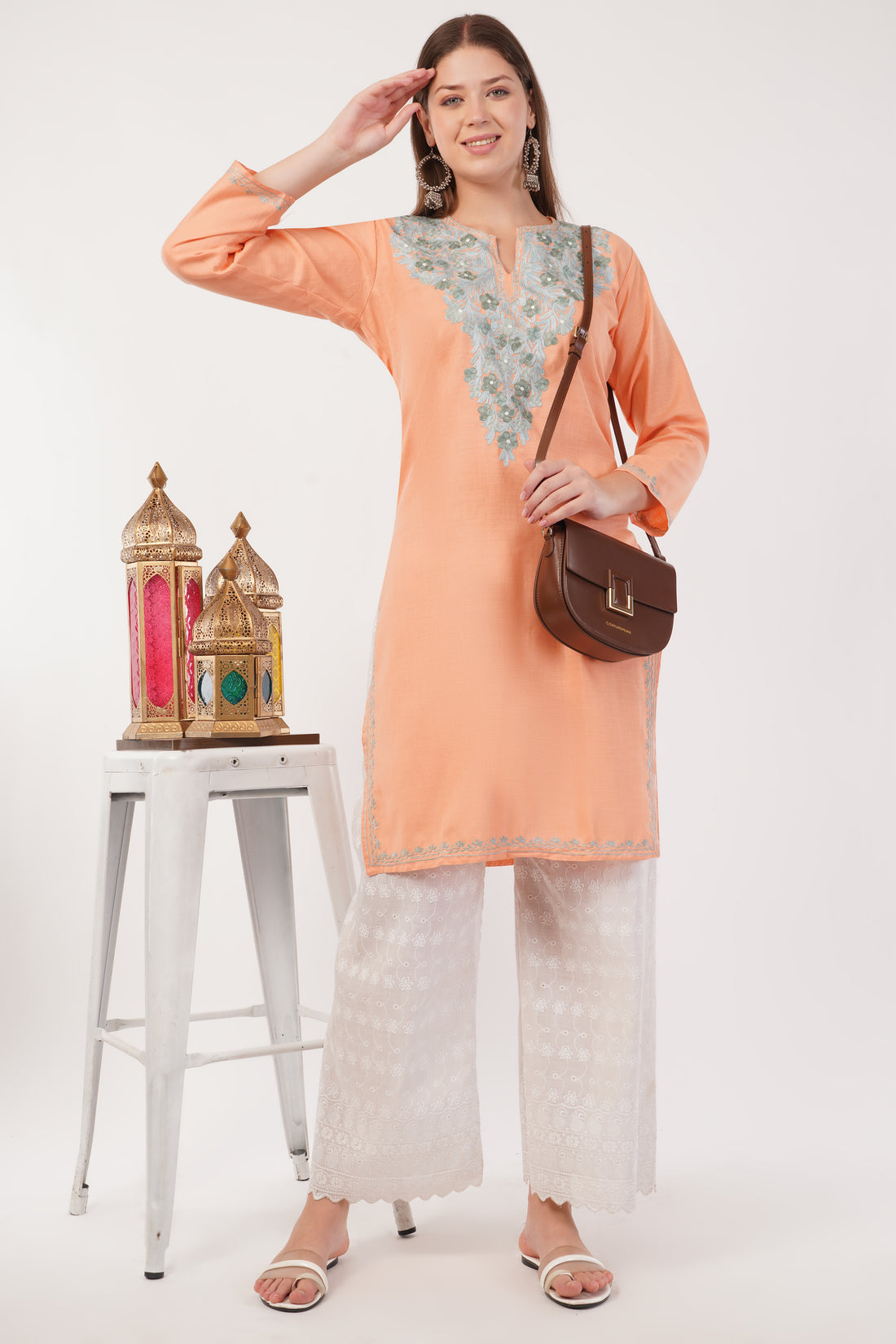 Kashmiri Aari embroidery Cotton Long Kurti Size-40(Peach)
