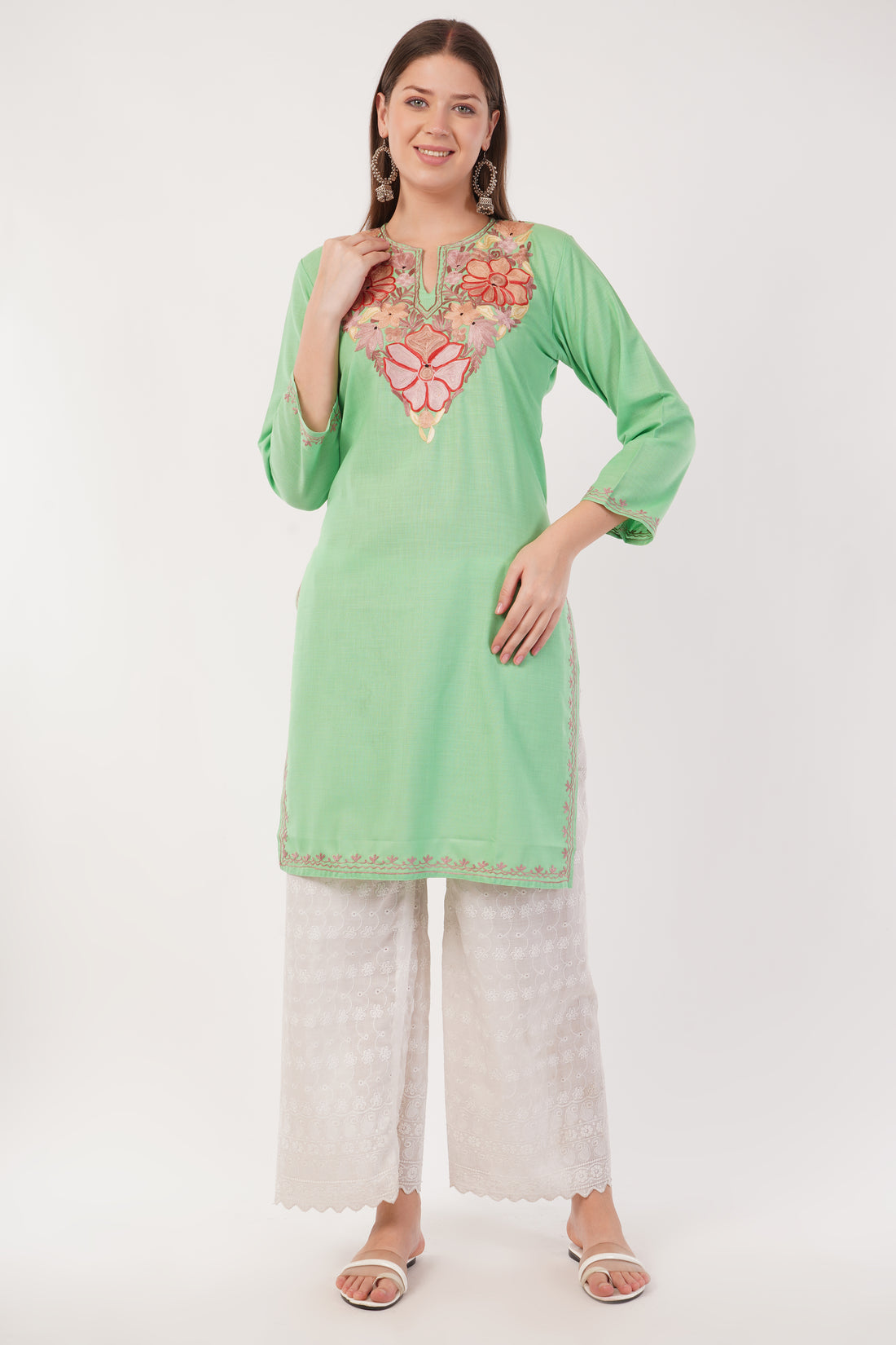 Kashmiri Aari embroidery Cotton Long Kurti Size-40(Green)