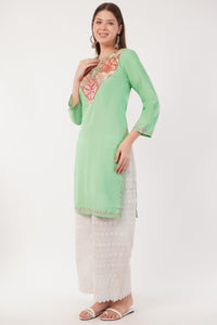 Kashmiri Aari embroidery Cotton Long Kurti Size-40(Green)