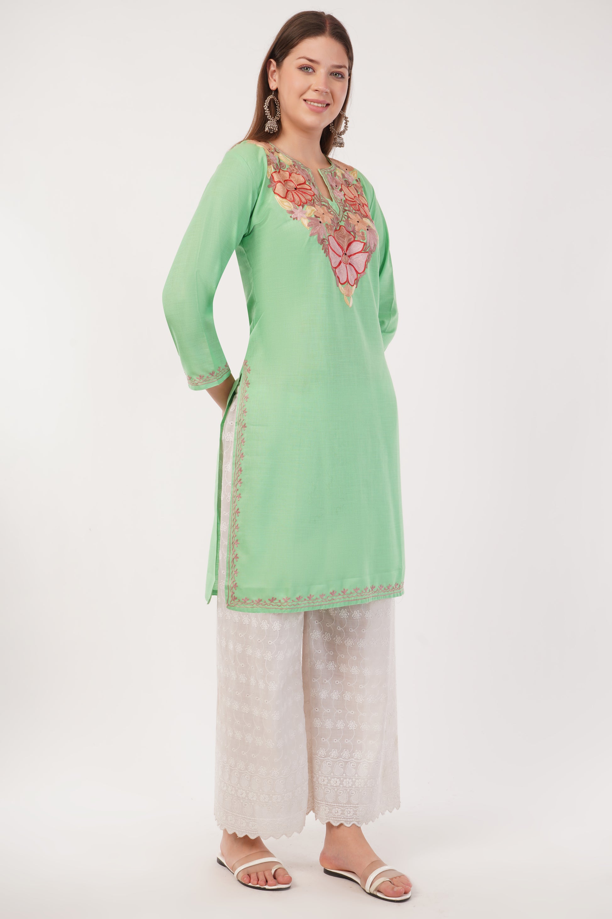 Kashmiri Aari embroidery Cotton Long Kurti Size-40(Green)