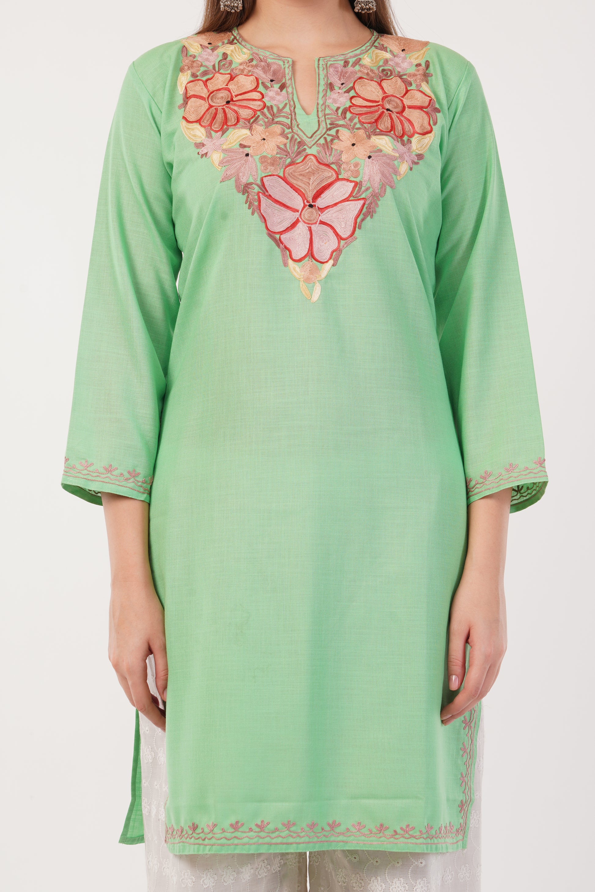 Kashmiri Aari embroidery Cotton Long Kurti Size-40(Green)