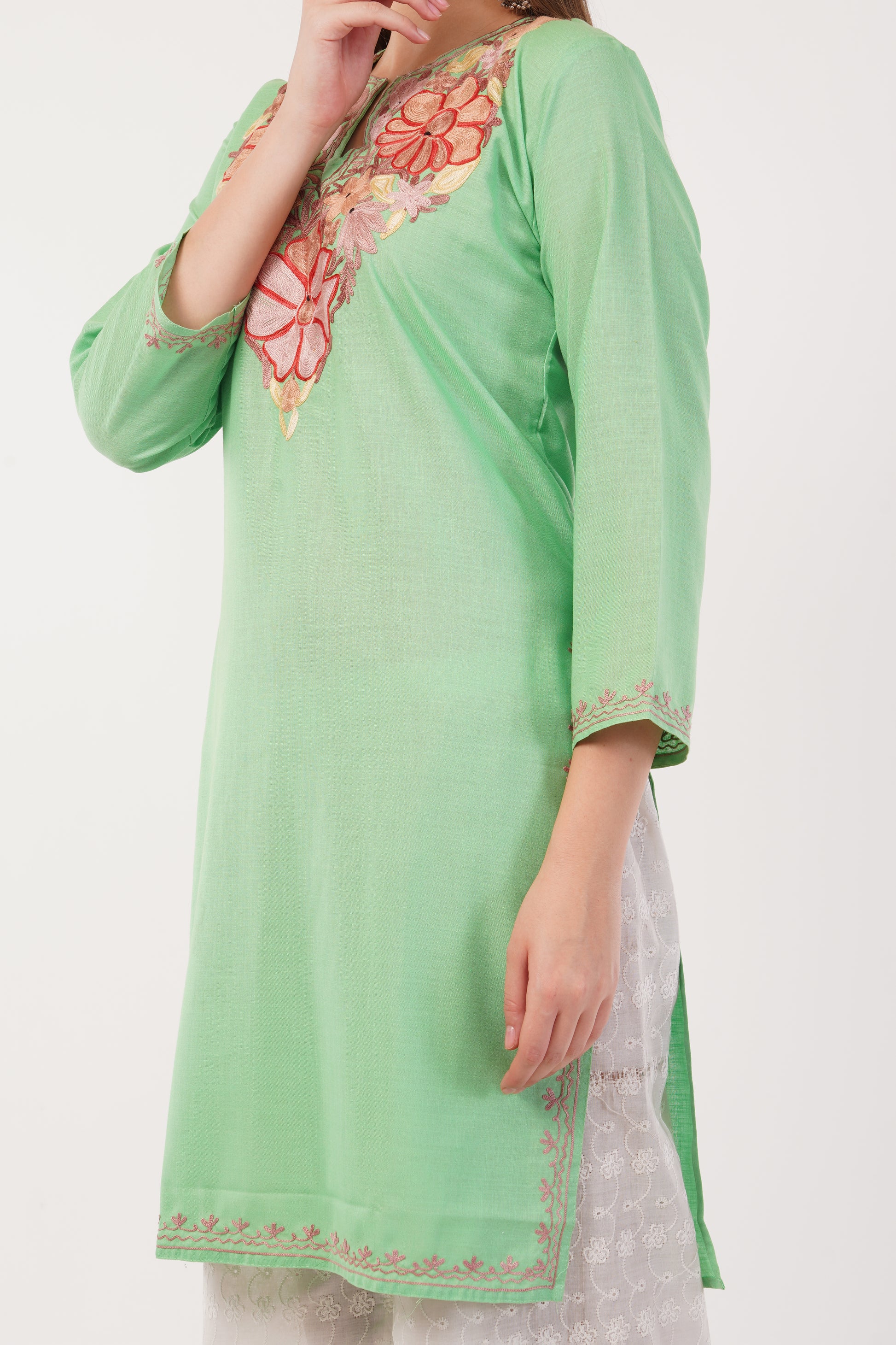 Kashmiri Aari embroidery Cotton Long Kurti Size-40(Green)