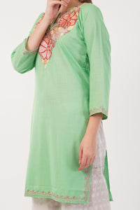 Kashmiri Aari embroidery Cotton Long Kurti Size-40(Green)