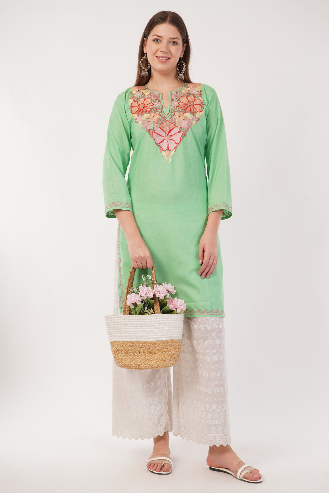 Kashmiri Aari embroidery Cotton Long Kurti Size-40(Green)