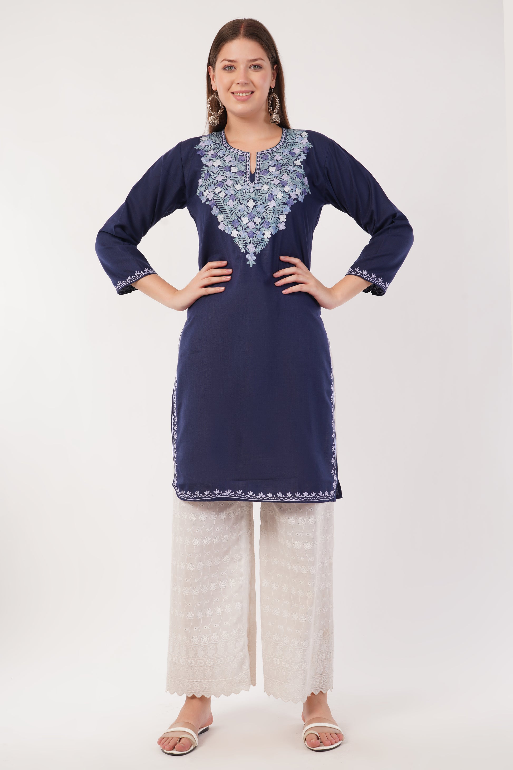 Kashmiri Aari embroidery Cotton Long Kurti Size-40(Navy)