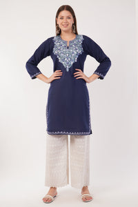 Kashmiri Aari embroidery Cotton Long Kurti Size-40(Navy)