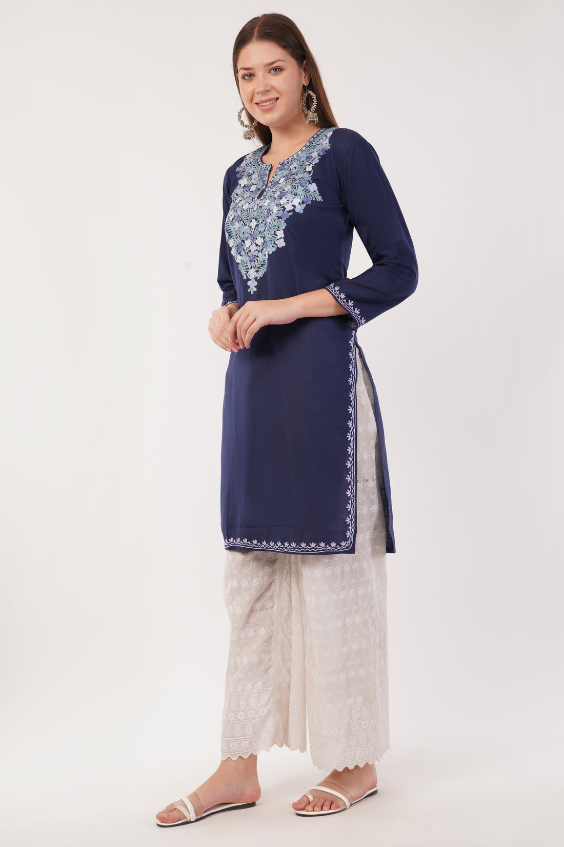 Kashmiri Aari embroidery Cotton Long Kurti Size-40(Navy)