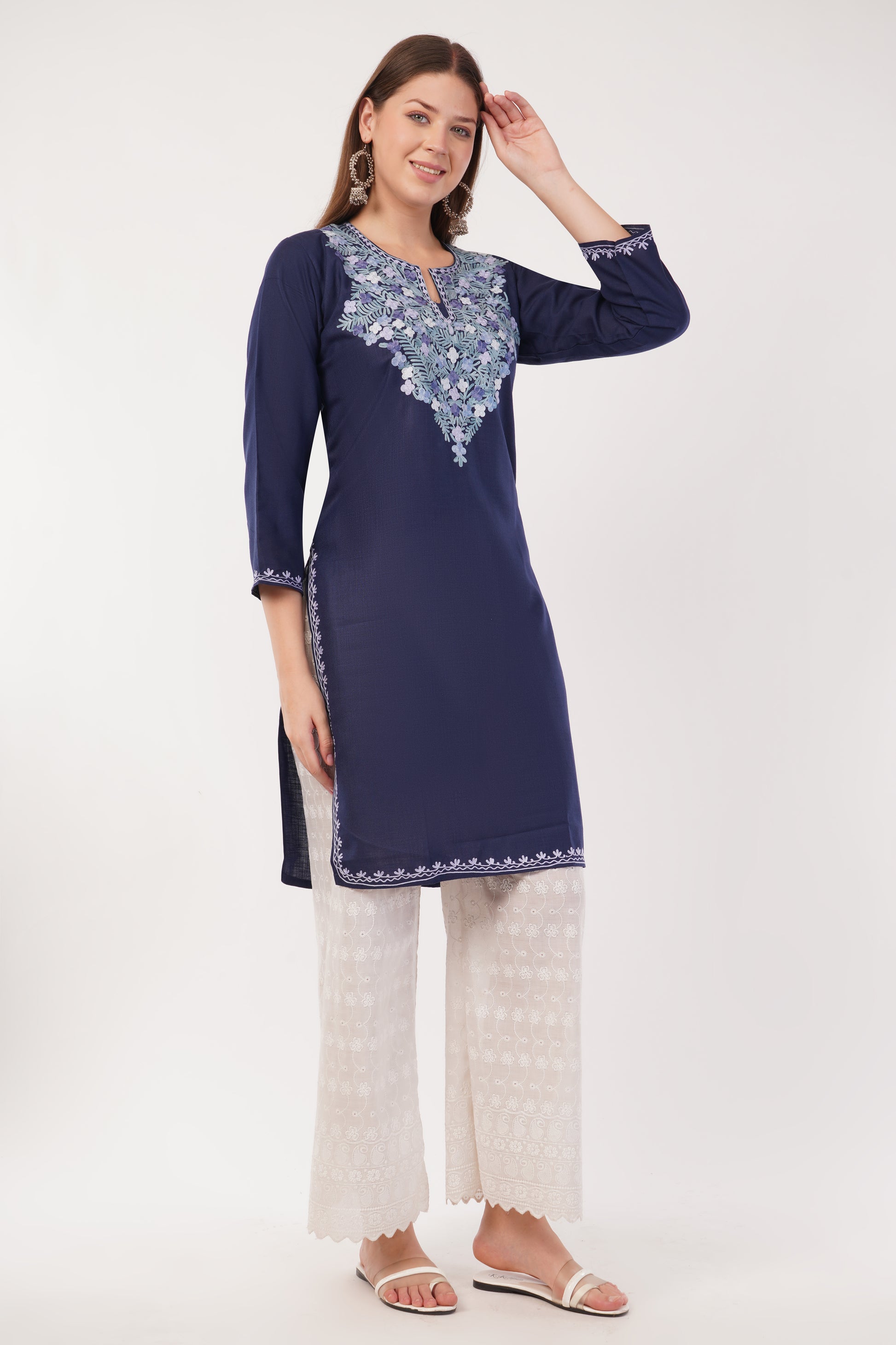 Kashmiri Aari embroidery Cotton Long Kurti Size-40(Navy)