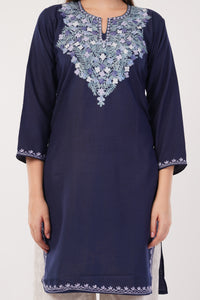 Kashmiri Aari embroidery Cotton Long Kurti Size-40(Navy)