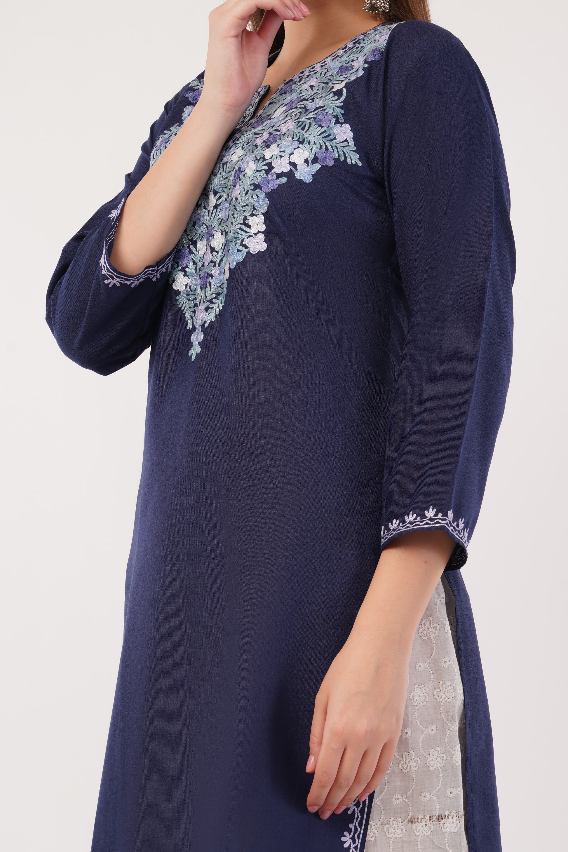 Kashmiri Aari embroidery Cotton Long Kurti Size-40(Navy)
