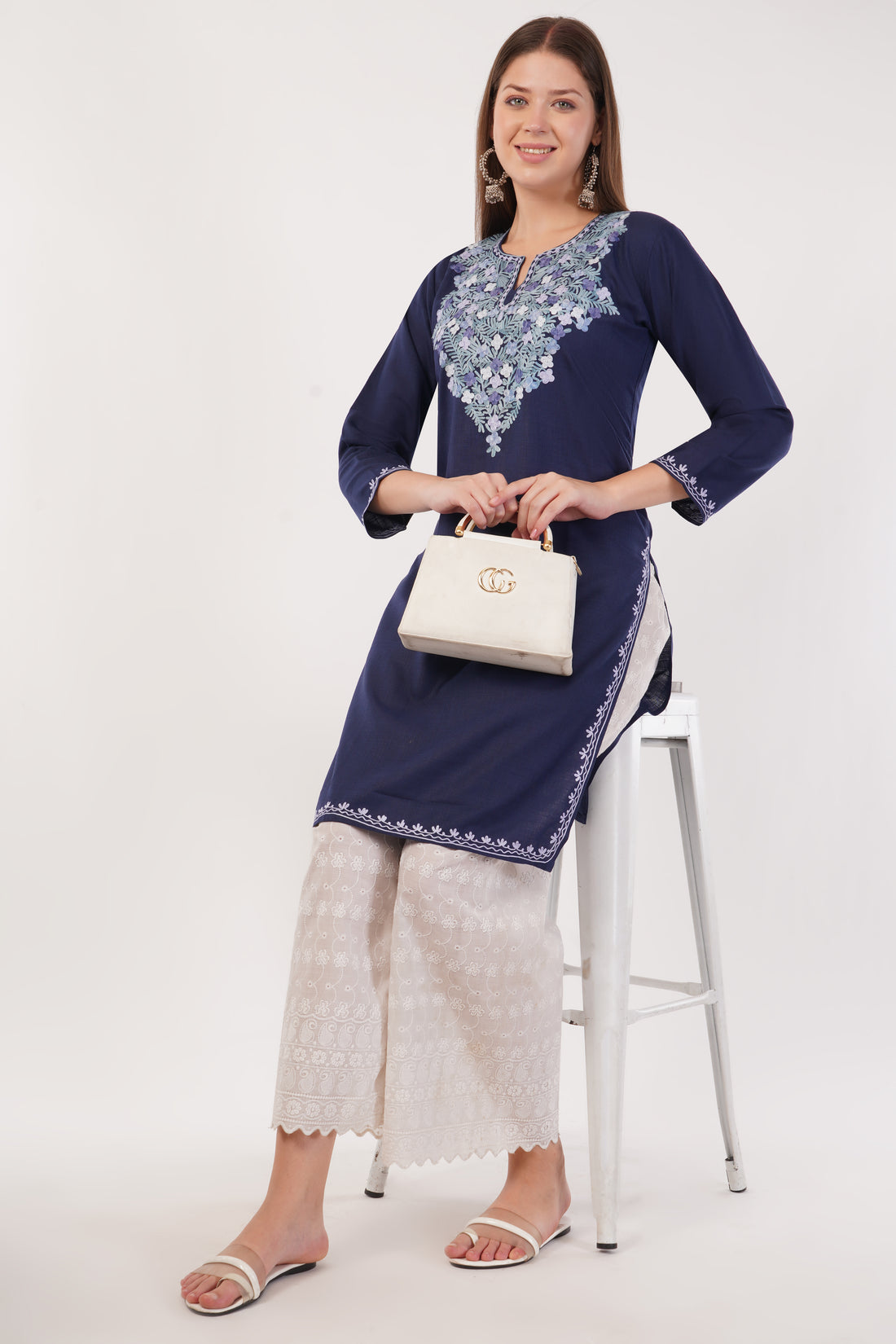 Kashmiri Aari embroidery Cotton Long Kurti Size-40(Navy)