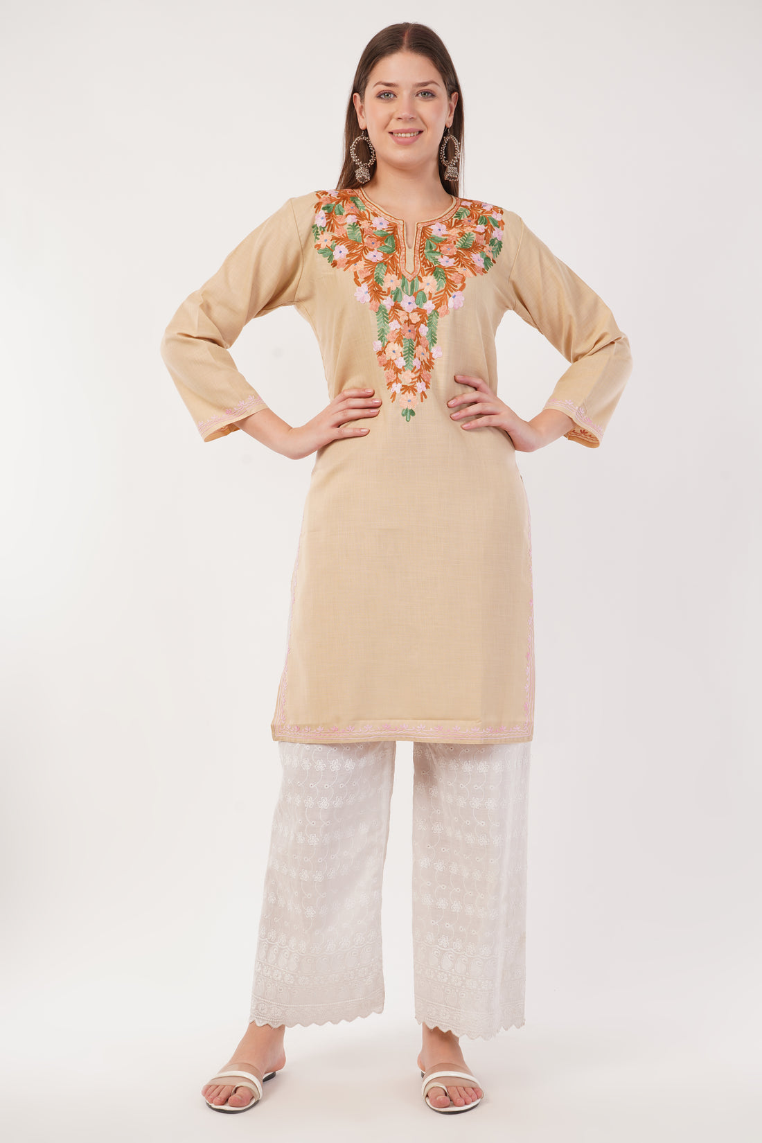 Kashmiri Aari embroidery Cotton Long Kurti Size-40(Beige)