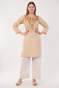 Kashmiri Aari embroidery Cotton Long Kurti Size-40(Beige)