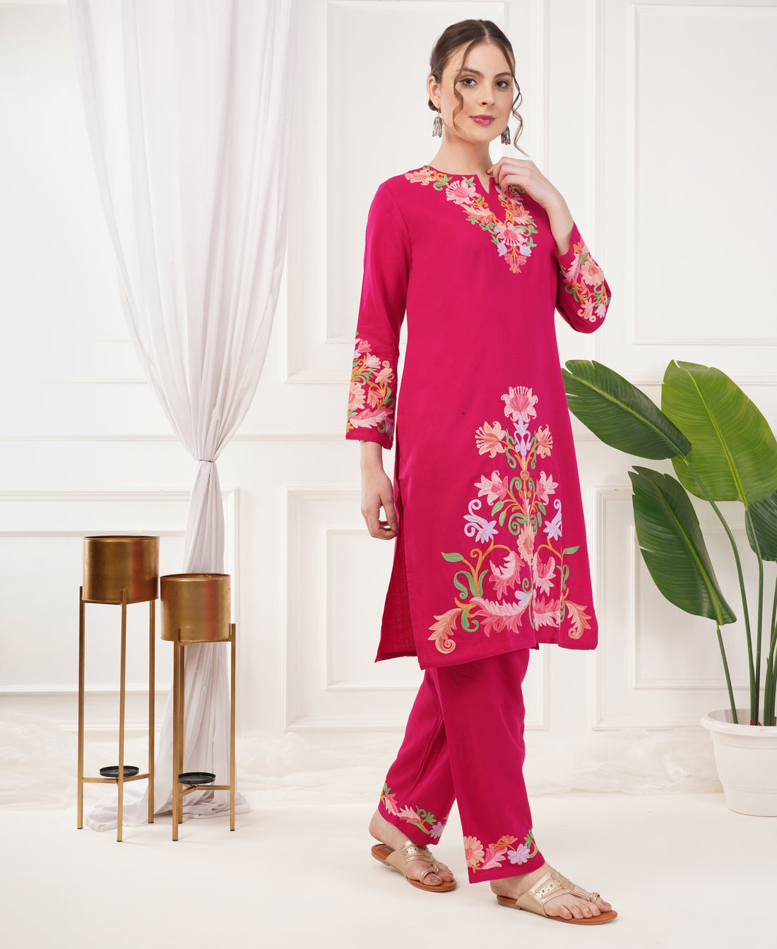 Kashmiri Aari Work Winter Wear Set (Pink)