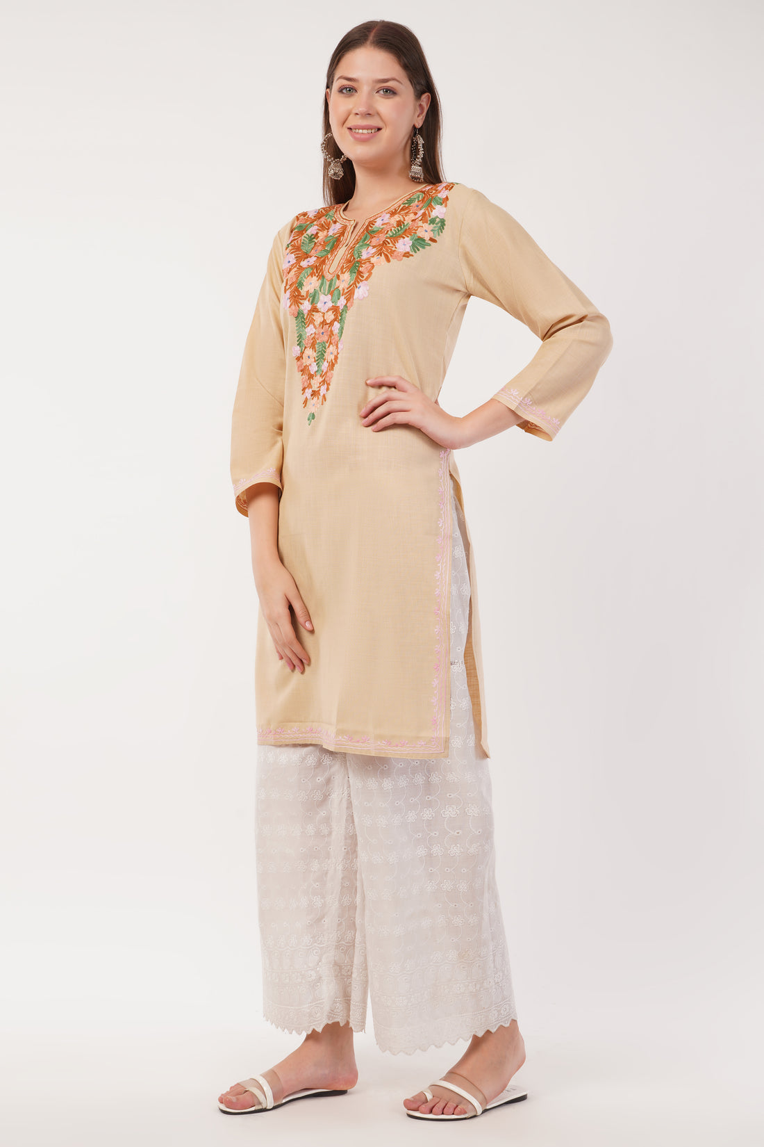 Kashmiri Aari embroidery Cotton Long Kurti Size-40(Beige)