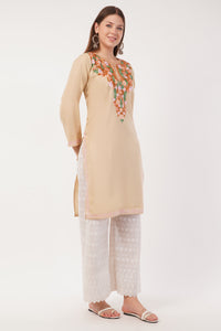 Kashmiri Aari embroidery Cotton Long Kurti Size-40(Beige)