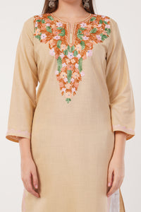 Kashmiri Aari embroidery Cotton Long Kurti Size-40(Beige)