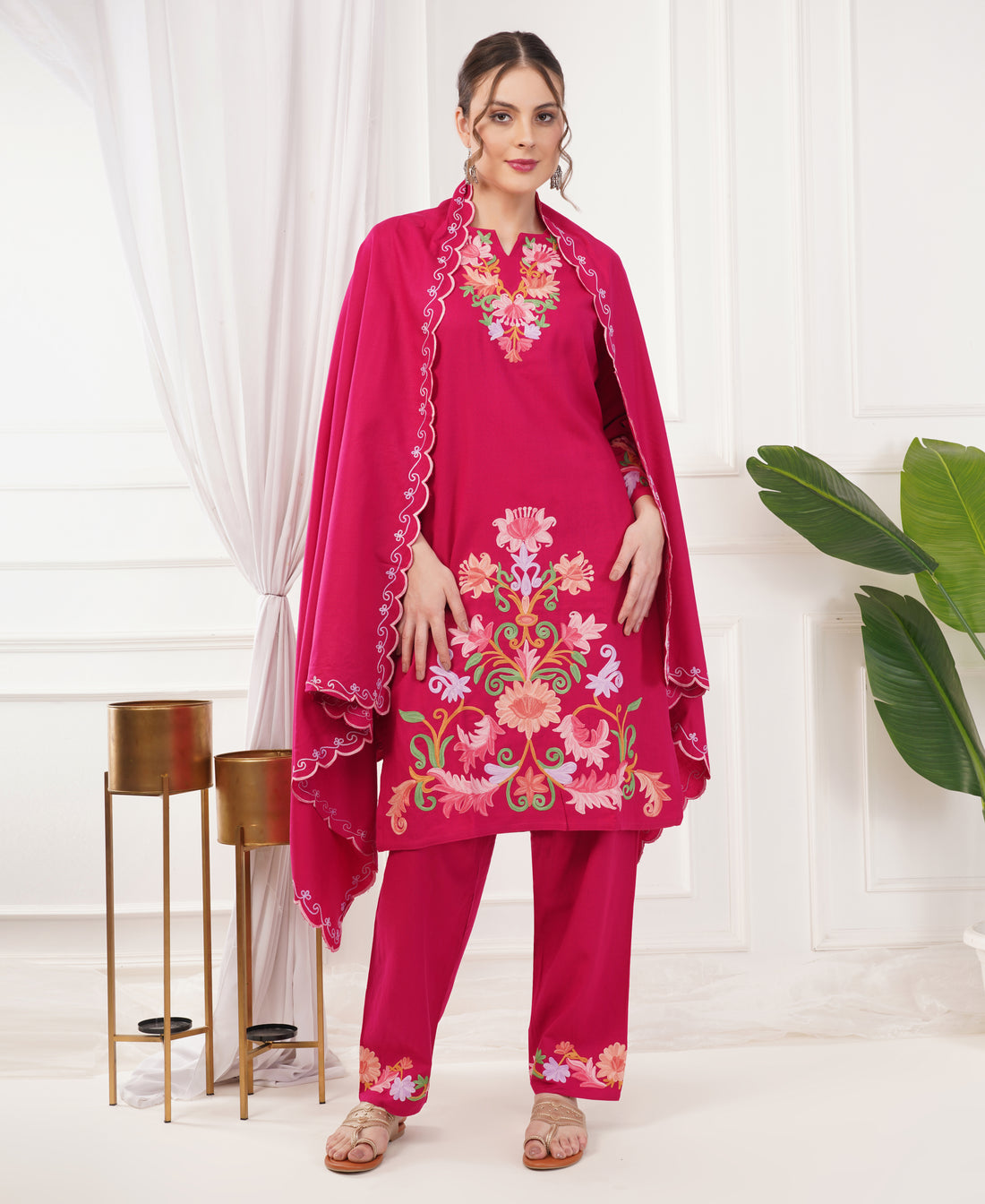 Kashmiri Aari Work Winter Wear Set (Pink)