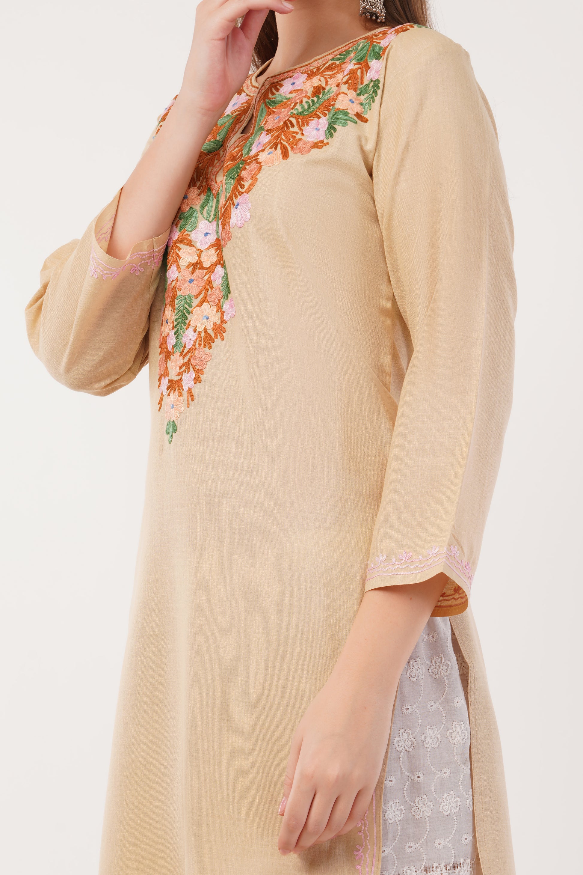 Kashmiri Aari embroidery Cotton Long Kurti Size-40(Beige)
