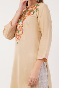 Kashmiri Aari embroidery Cotton Long Kurti Size-40(Beige)