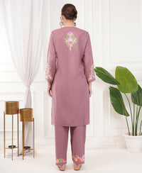 Pure Acro Wool Kashmiri Aari embroidery Kurti, Pant & Shawl Set (Onion Pink)