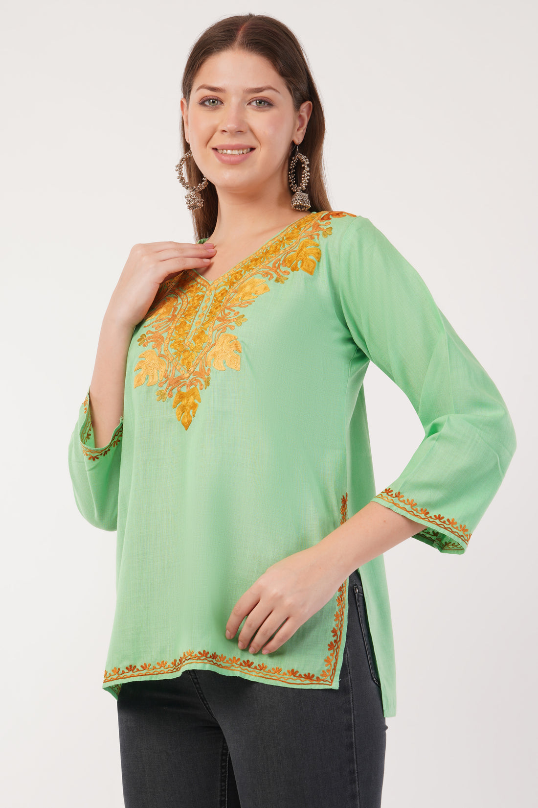 Kashmiri Aari embroidery Cotton Short Kurti Size-40(Green)