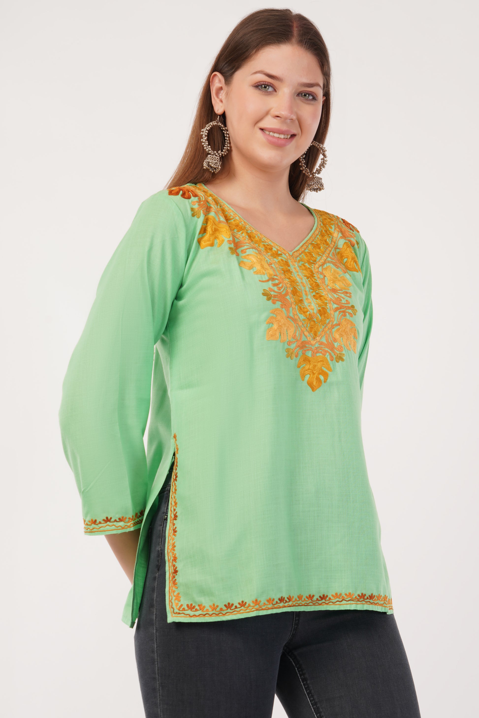 Kashmiri Aari embroidery Cotton Short Kurti Size-40(Green)