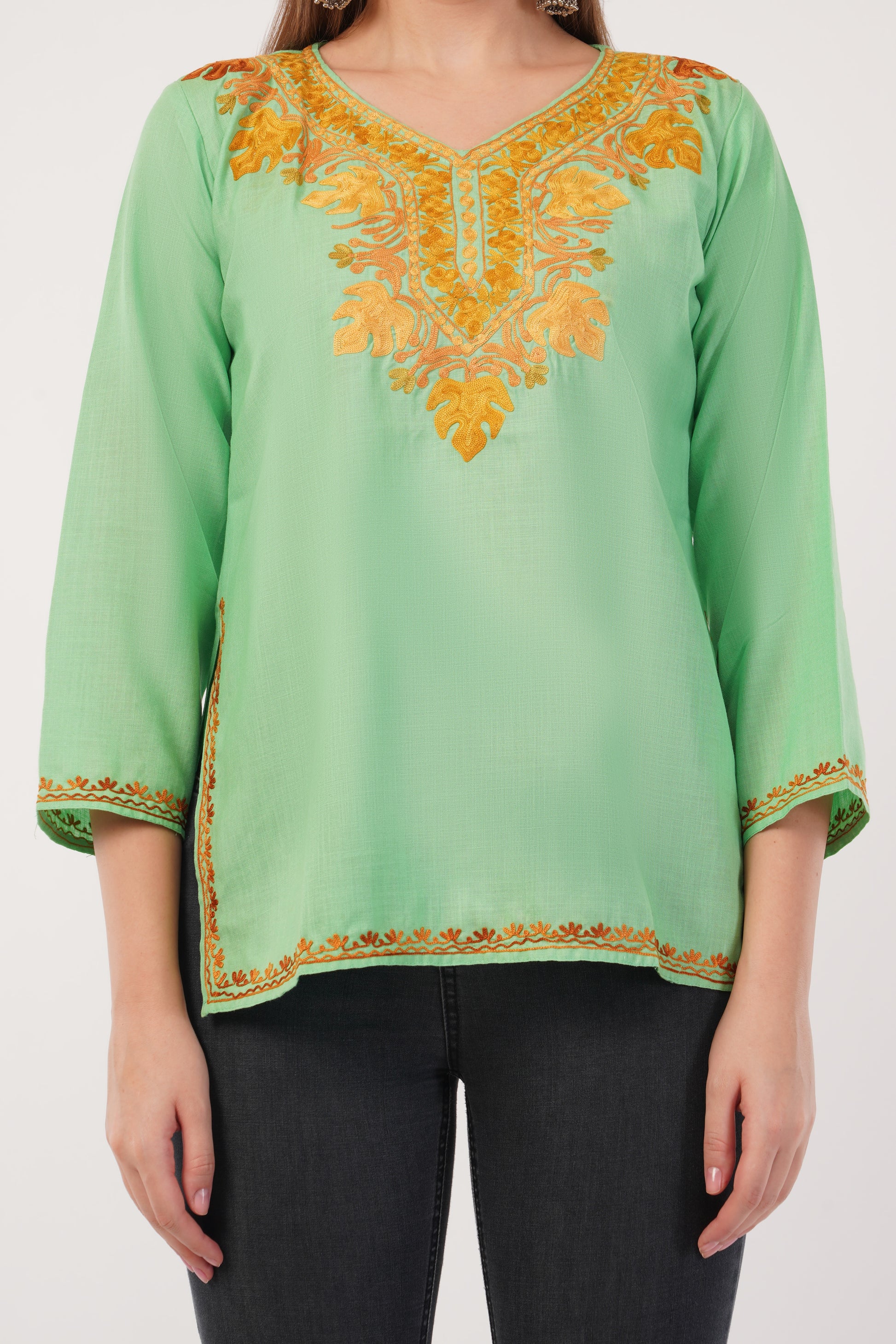 Kashmiri Aari embroidery Cotton Short Kurti Size-40(Green)