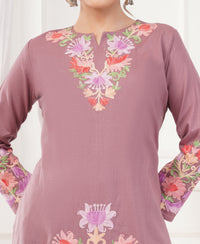 Pure Acro Wool Kashmiri Aari embroidery Kurti, Pant & Shawl Set (Onion Pink)