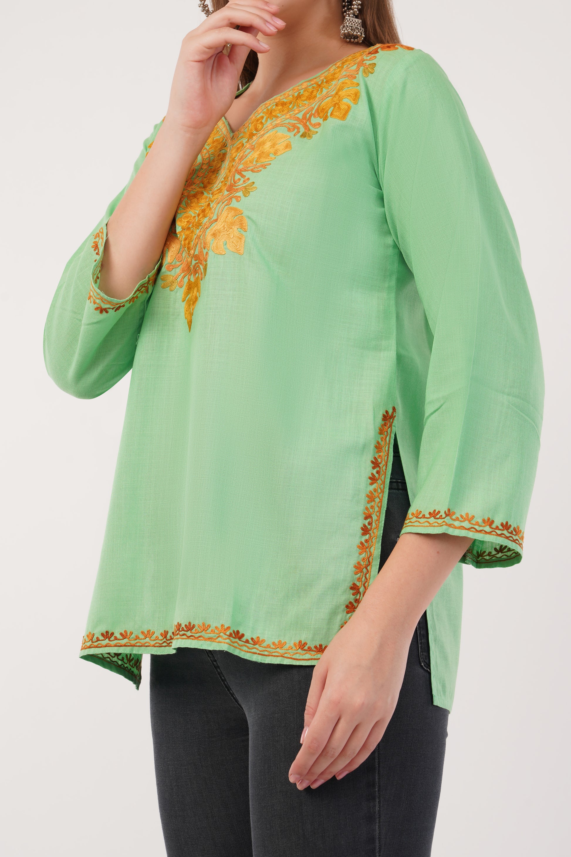 Kashmiri Aari embroidery Cotton Short Kurti Size-40(Green)