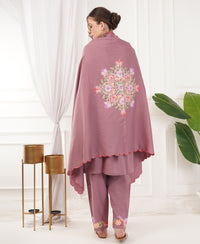 Pure Acro Wool Kashmiri Aari embroidery Kurti, Pant & Shawl Set (Onion Pink)