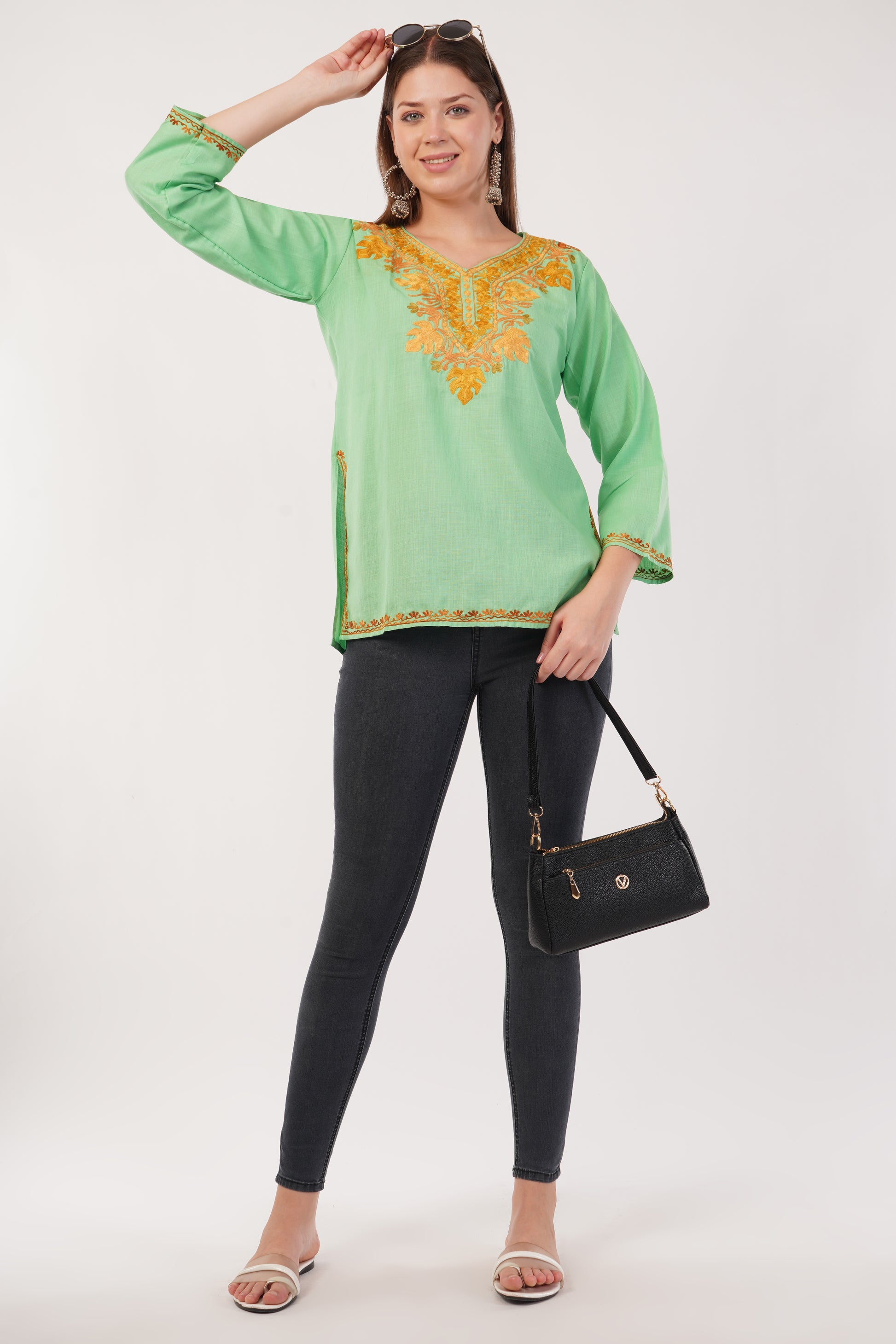 Kashmiri Aari embroidery Cotton Short Kurti Size-40(Green)