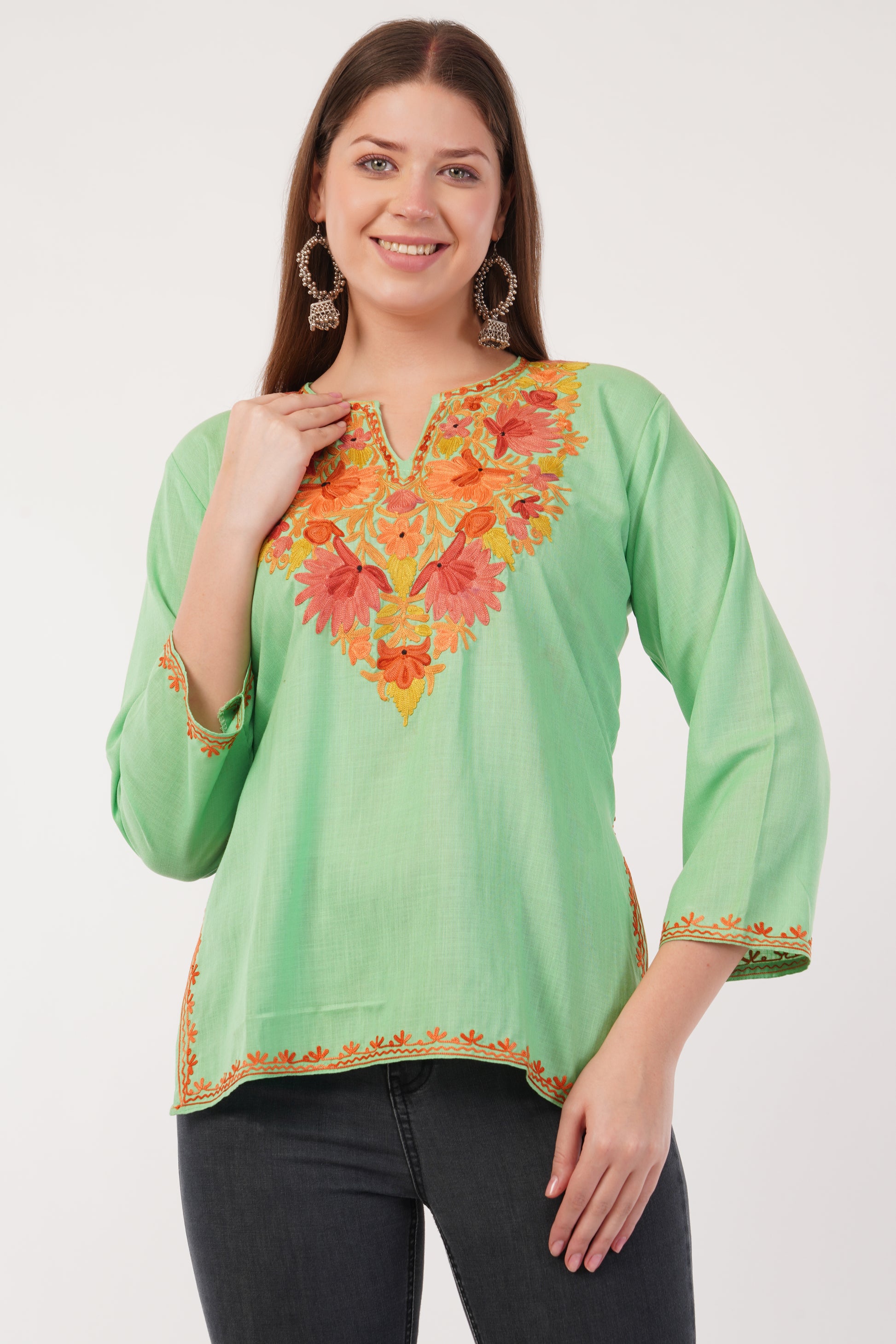 Kashmiri Aari embroidery Cotton Short Kurti Size-40(Green)