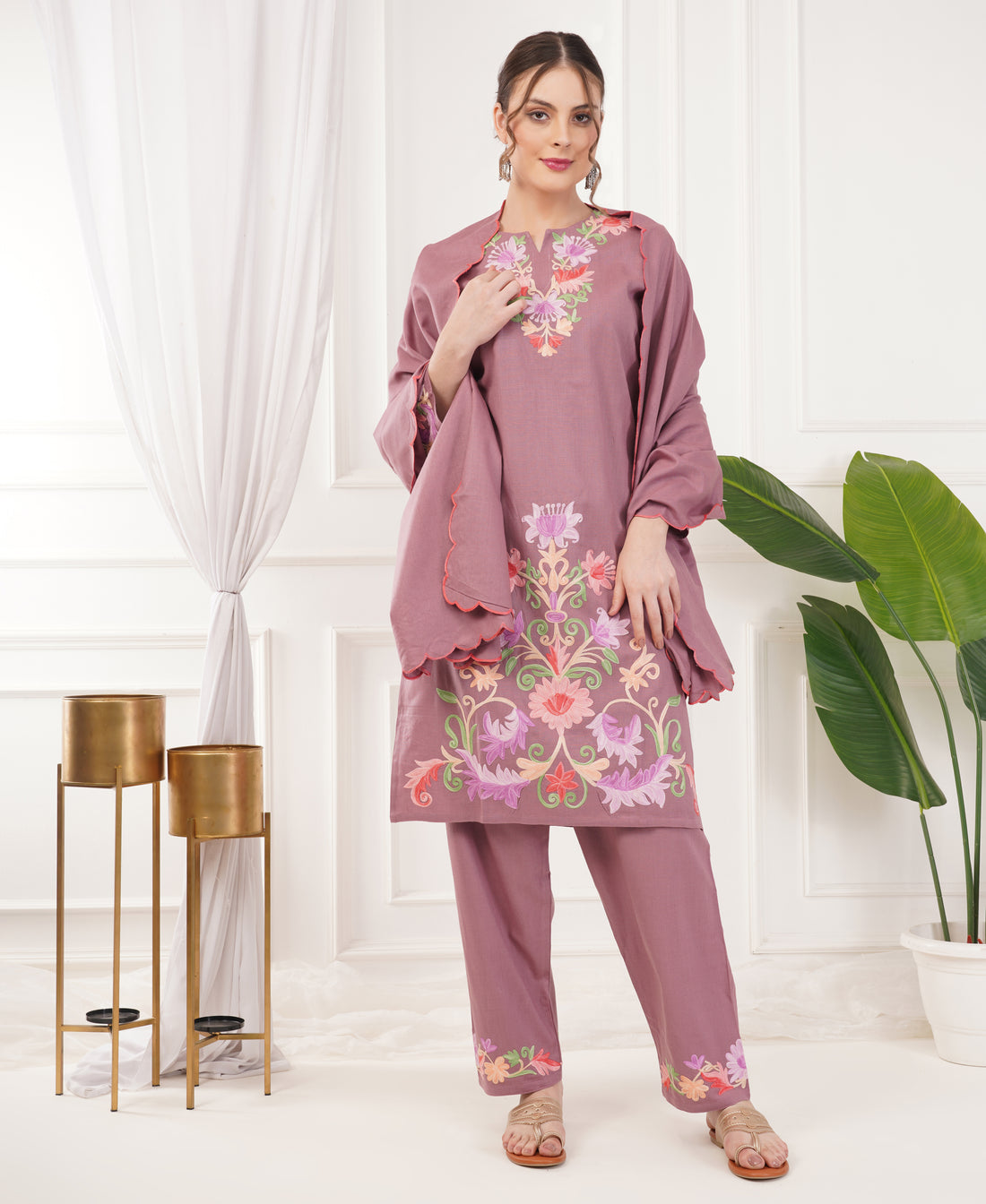 Kashmiri Aari Work Winter Wear Set (Onion Pink)