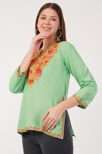 Kashmiri Aari embroidery Cotton Short Kurti Size-40(Green)