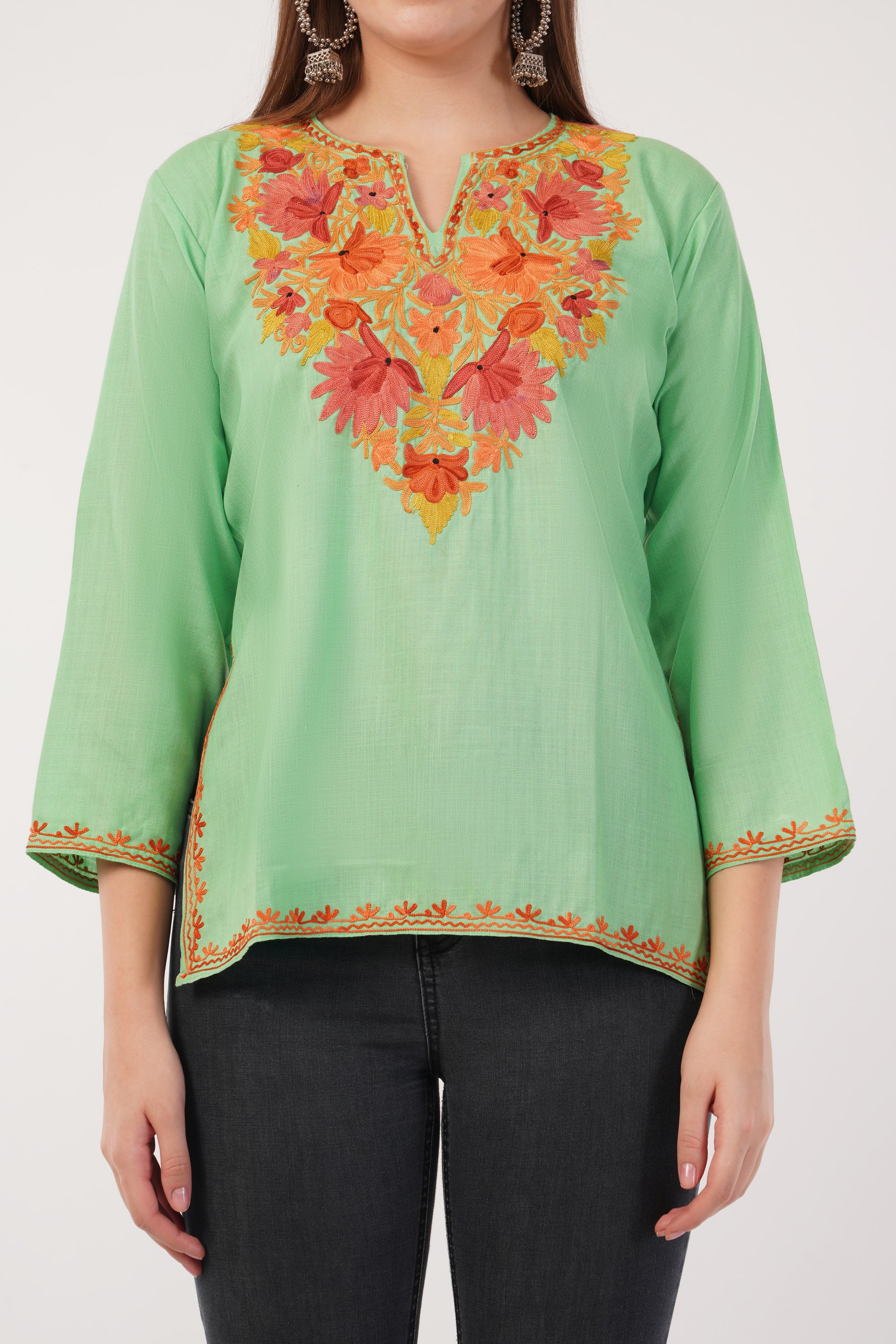 Kashmiri Aari embroidery Cotton Short Kurti Size-40(Green)