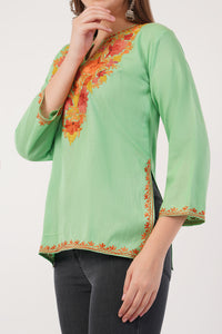 Kashmiri Aari embroidery Cotton Short Kurti Size-40(Green)
