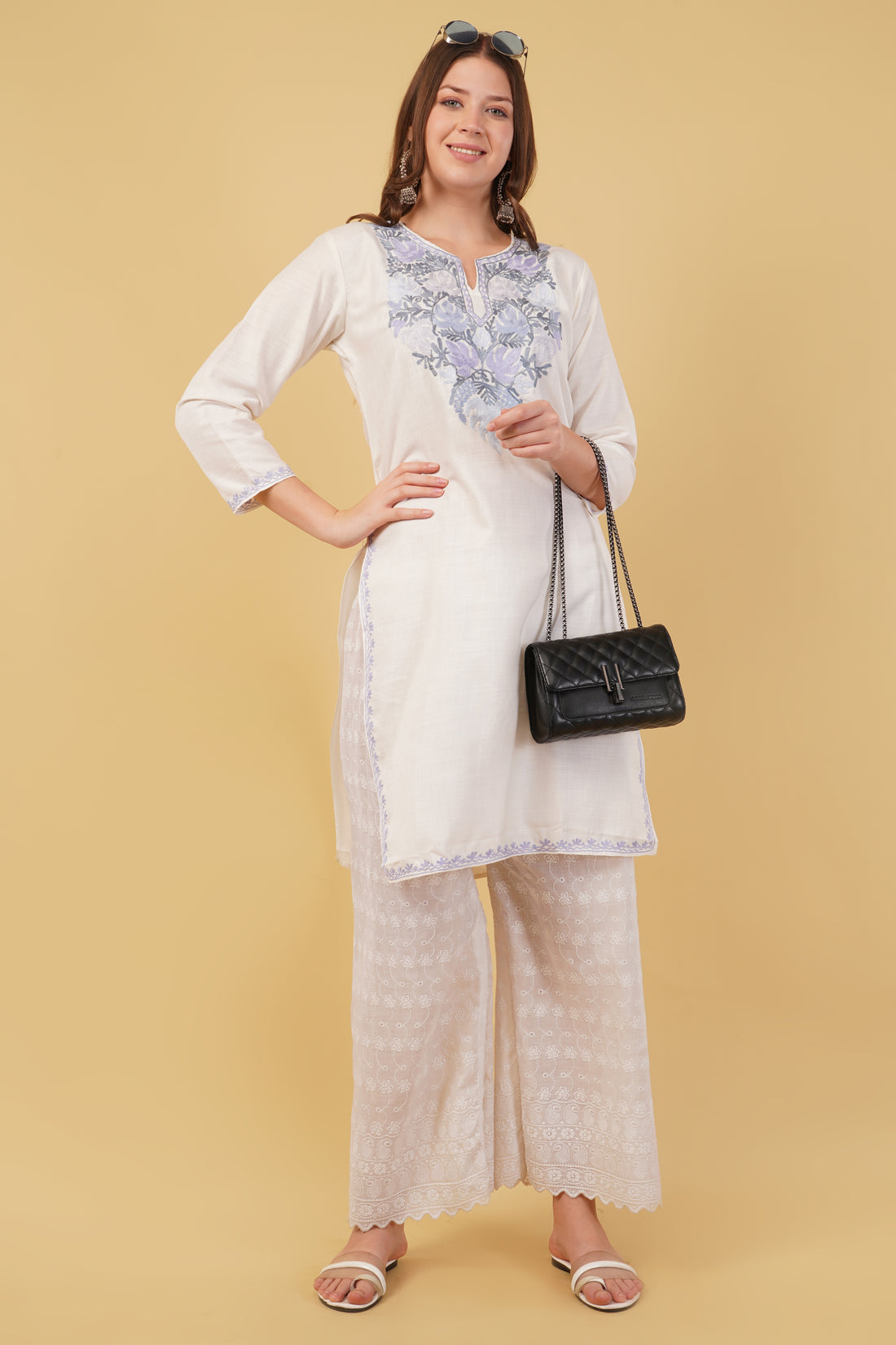 Kashmiri Aari embroidery Cotton Long Kurti Size-40(White)