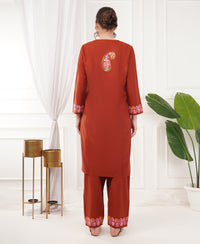 Pure Acro Wool Kashmiri Aari Work Kurti, Pant & Shawl Set (Rust Orange)