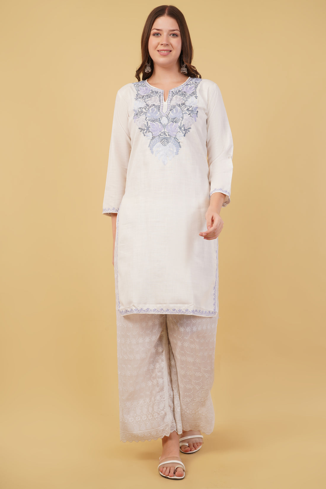 Kashmiri Aari embroidery Cotton Long Kurti Size-40(White)
