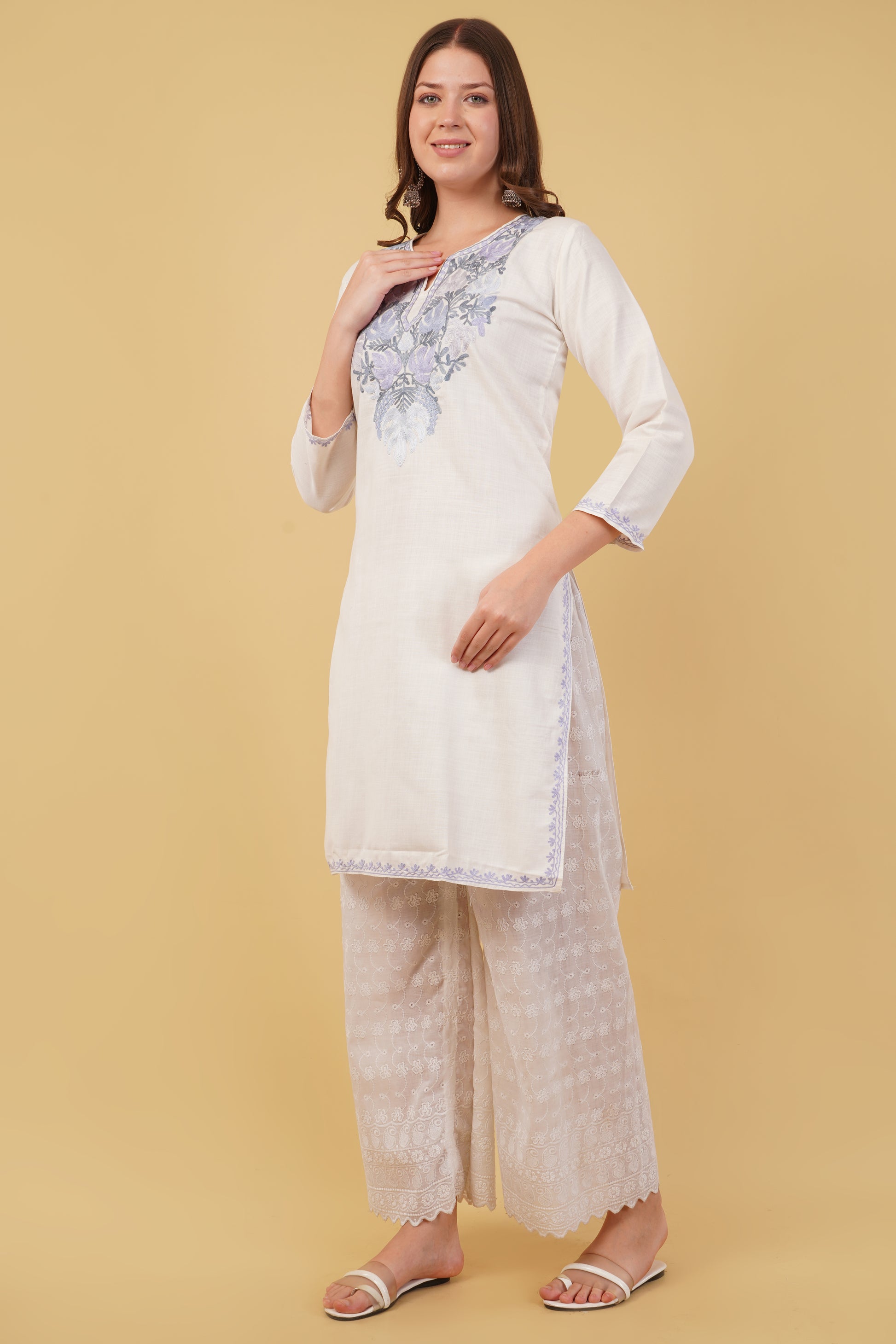 Kashmiri Aari embroidery Cotton Long Kurti Size-40(White)