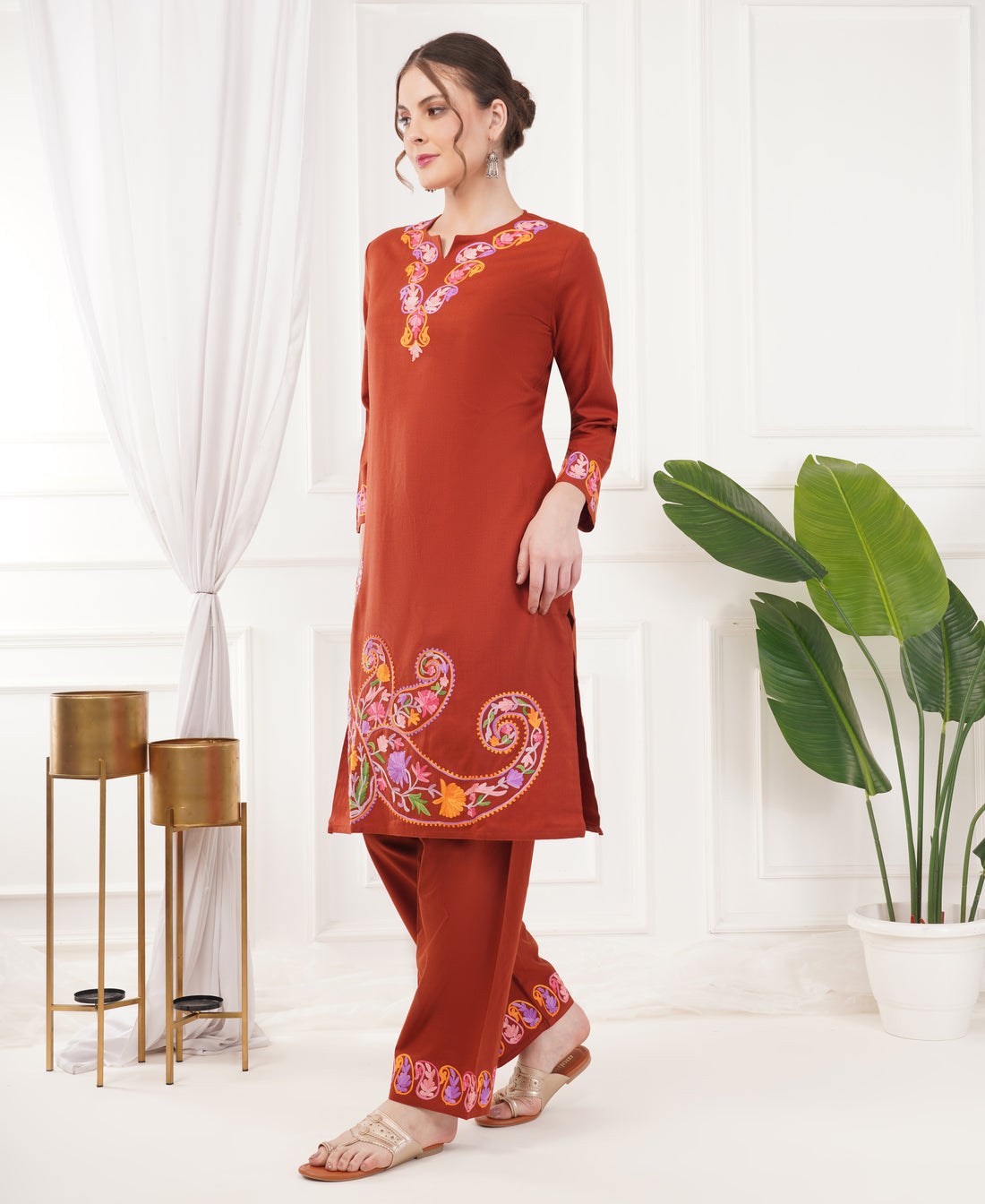 Pure Acro Wool Kashmiri Aari Work Kurti, Pant & Shawl Set (Rust Orange)