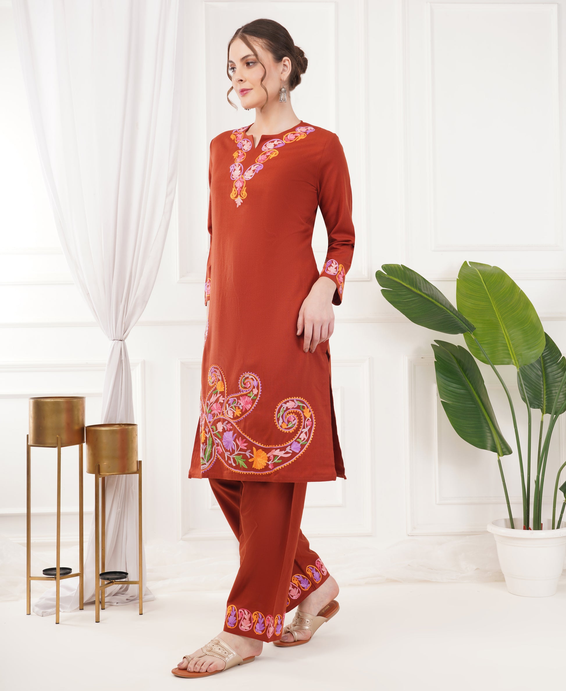 Pure Acro Wool Kashmiri Aari Work Kurti, Pant & Shawl Set (Rust Orange)