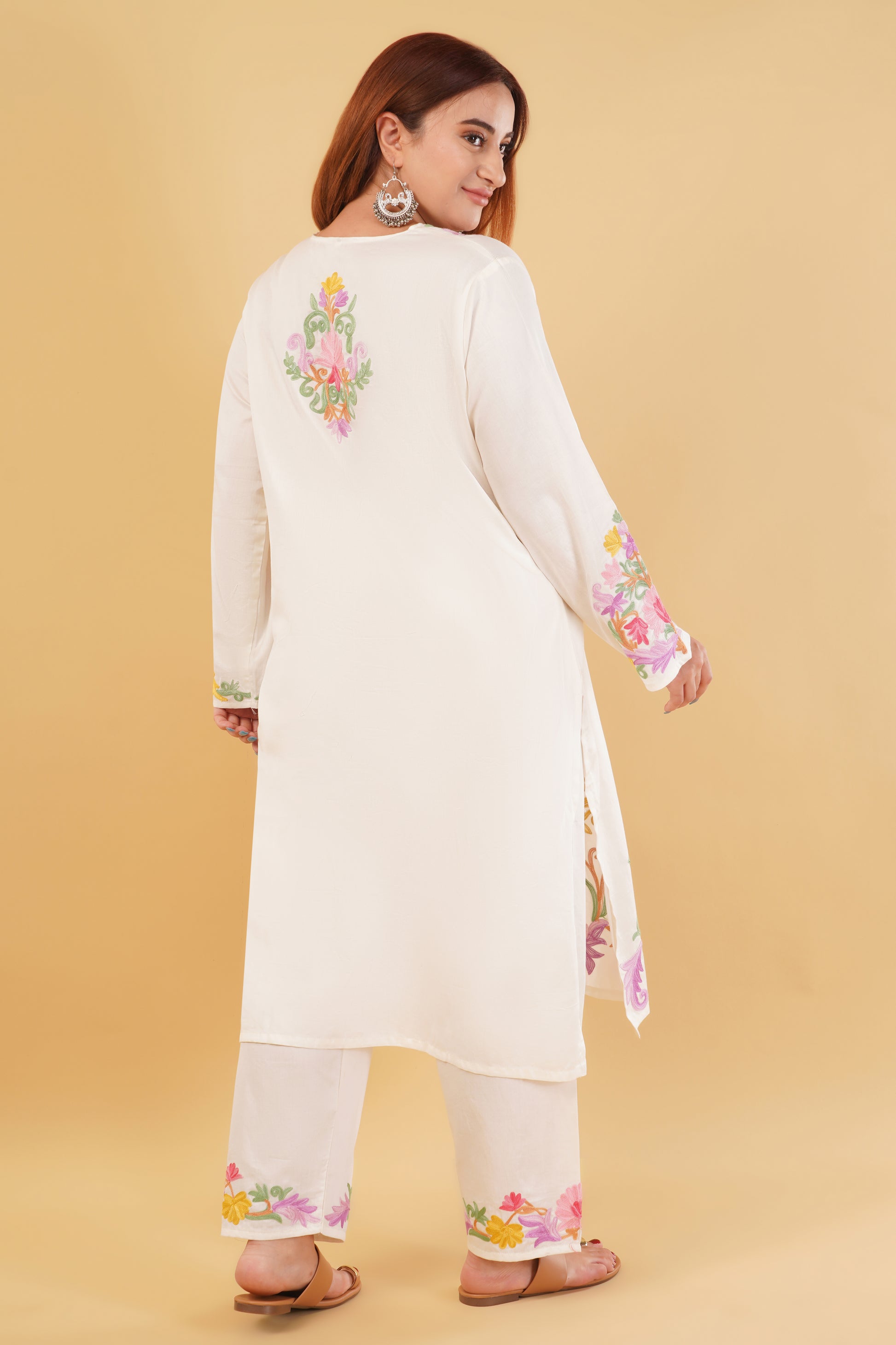 Kashmiri Aari embroidery Jaam Cotton Co-ord set Size-46 (White)