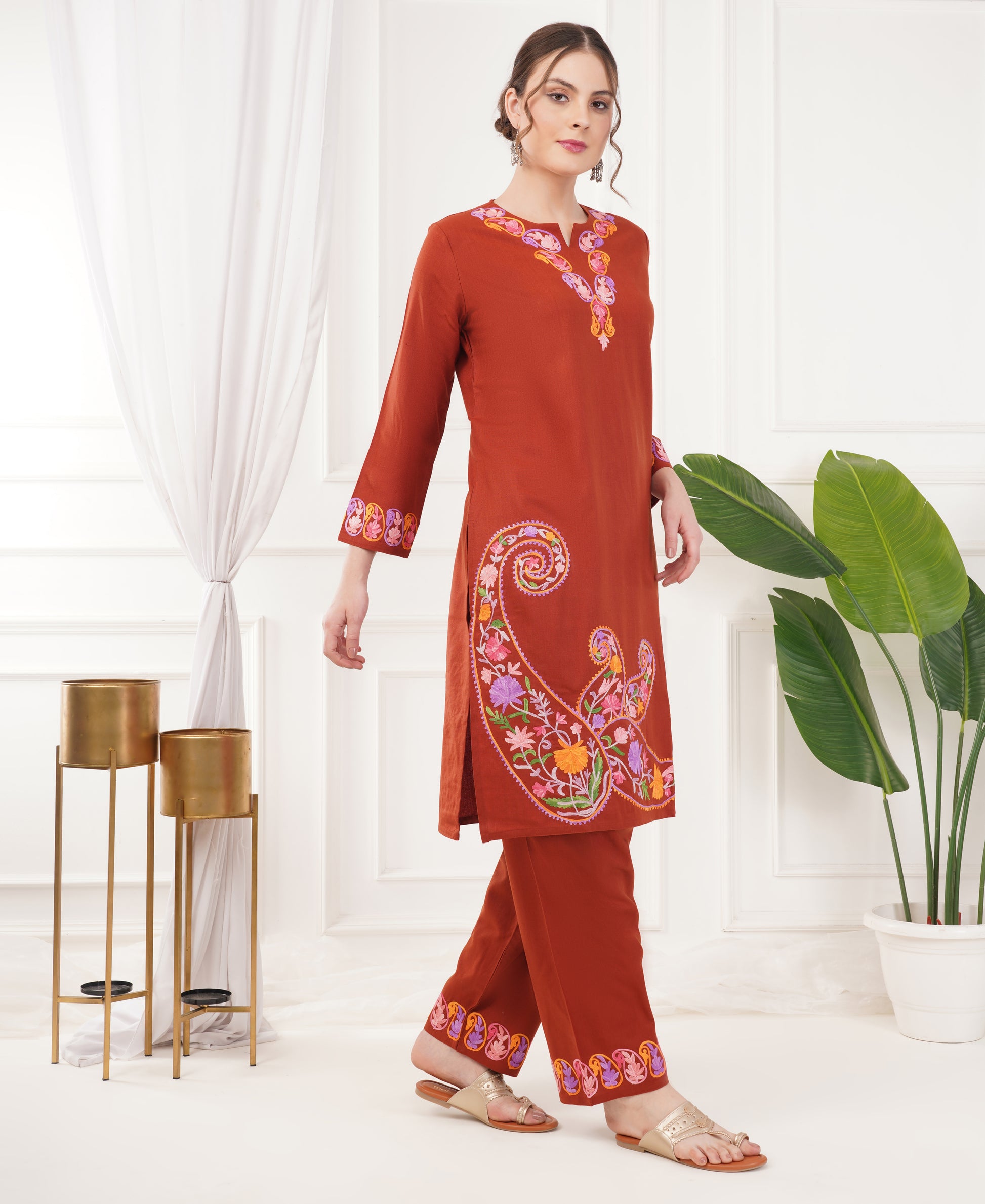 Pure Acro Wool Kashmiri Aari Work Kurti, Pant & Shawl Set (Rust Orange)