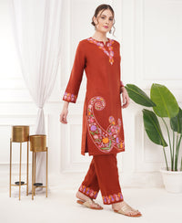 Pure Acro Wool Kashmiri Aari Work Kurti, Pant & Shawl Set (Rust Orange)