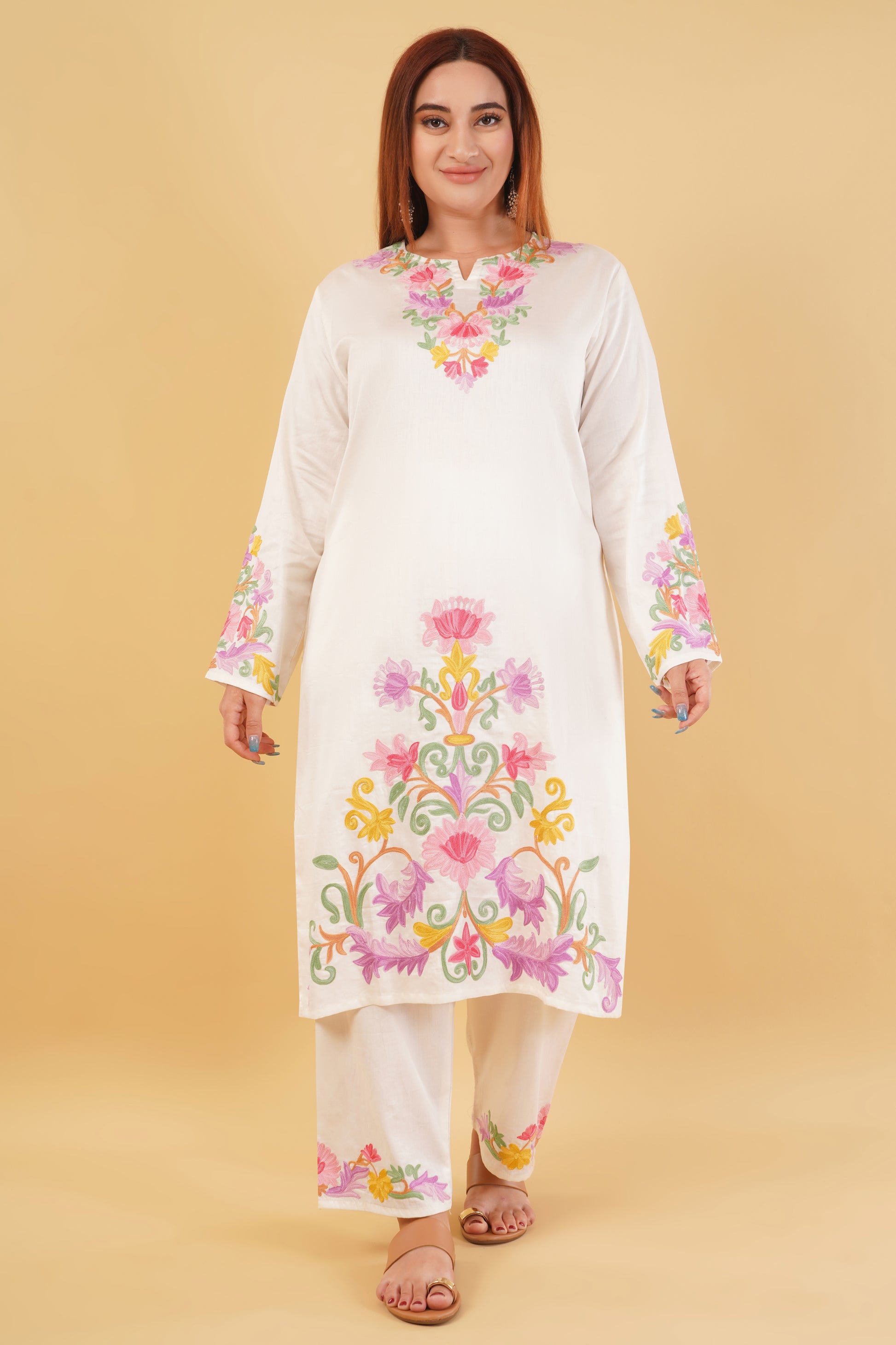 Kashmiri Aari embroidery Jaam Cotton Co-ord set Size-46 (White)