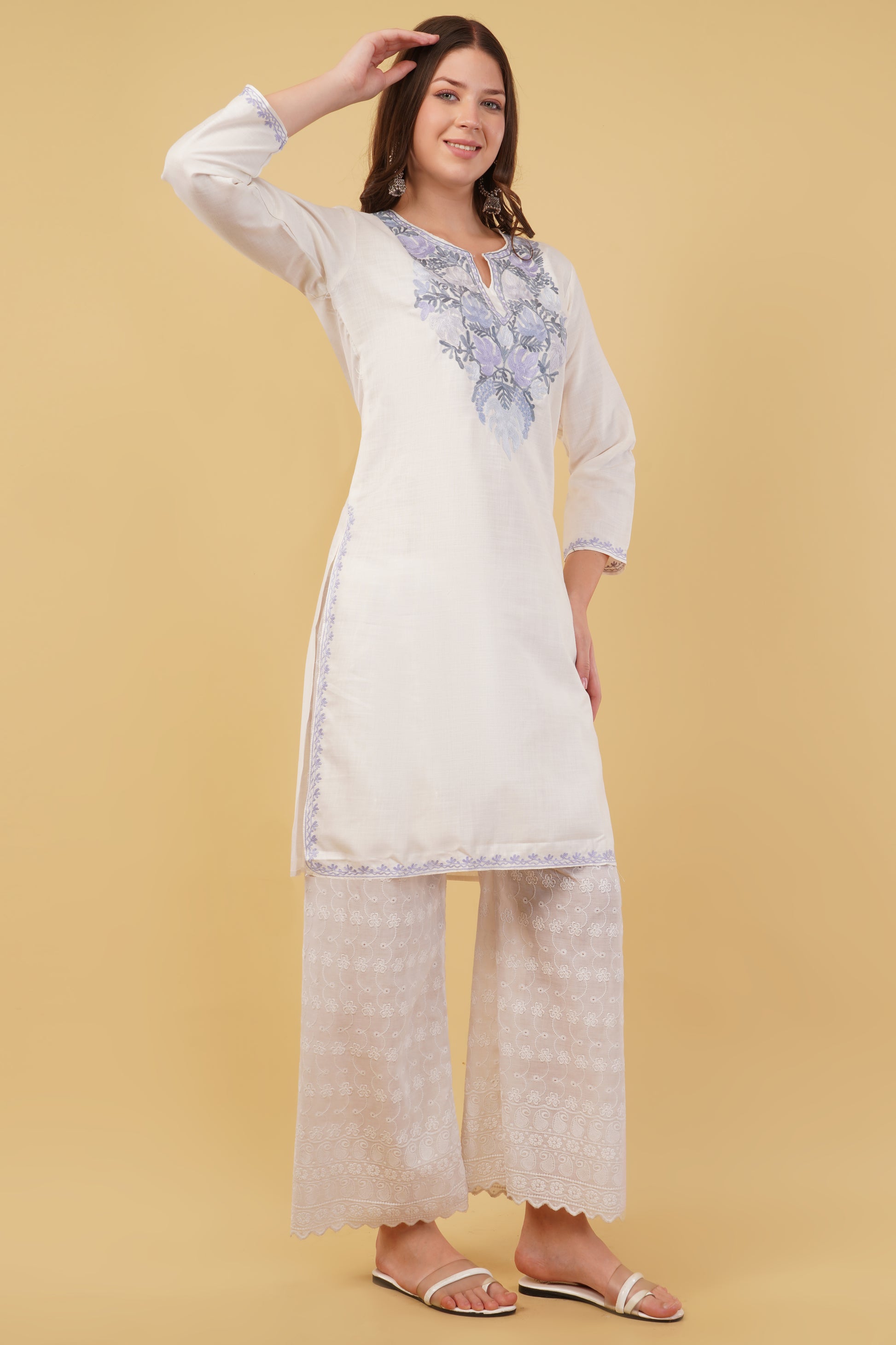 Kashmiri Aari embroidery Cotton Long Kurti Size-40(White)