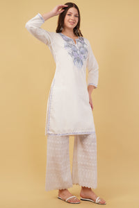 Kashmiri Aari embroidery Cotton Long Kurti Size-40(White)